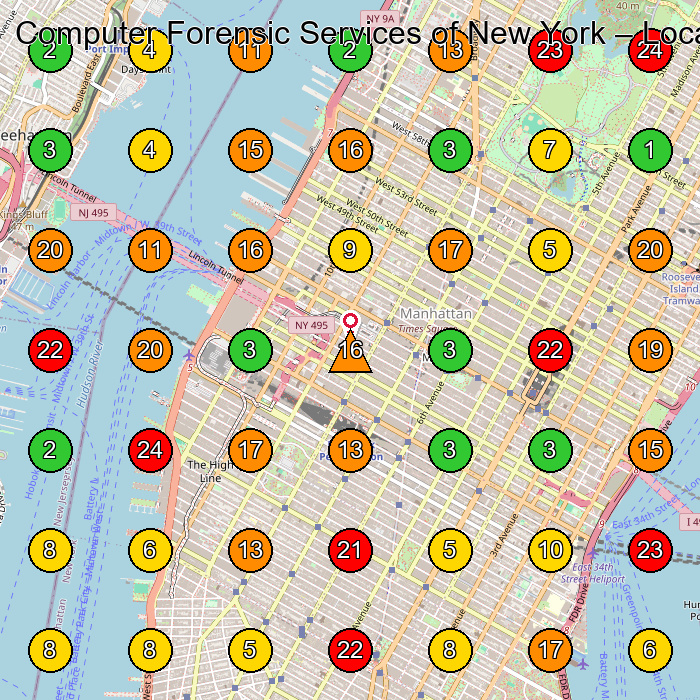 Computer Forensic Services of New York Computer Security Service GeoGrid ranking map for New York NY